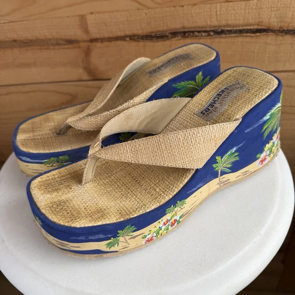 Skechers Somethin Else Wedge Chunky Y2K 90s Raffia Straw‎ Platform Sandals Sz 10